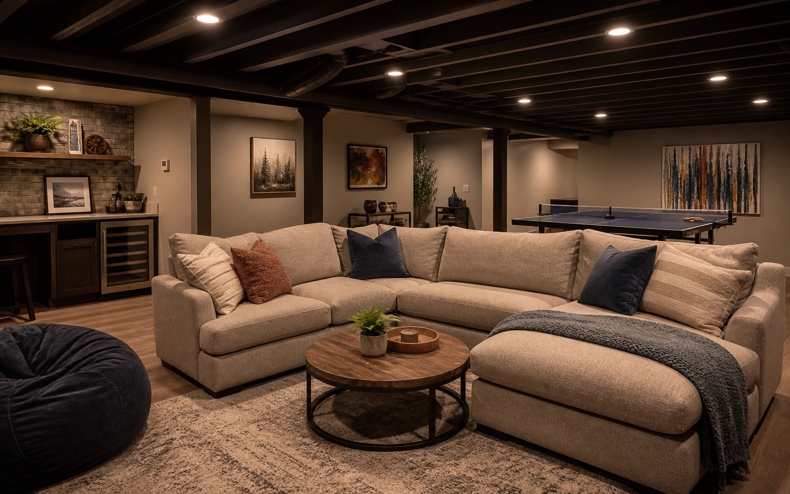 Cozy sofa in a finished basement rec room