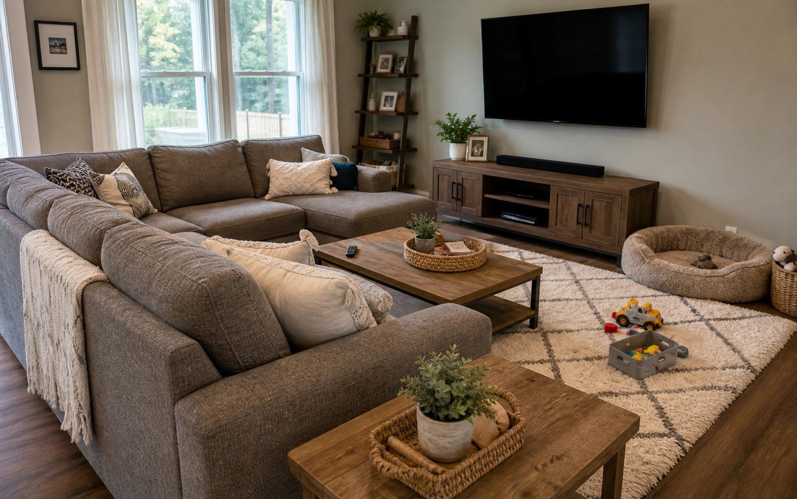 Durable family room sofa with kids and pets