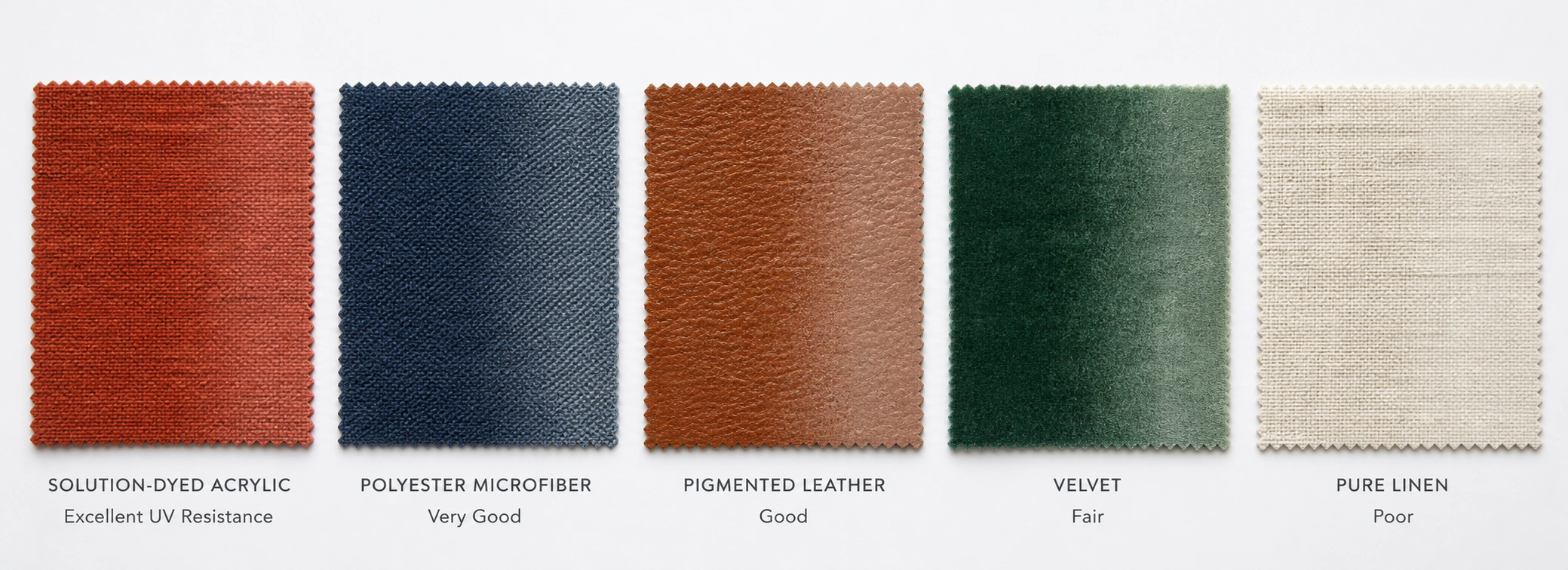 Side by side comparison of UV damaged and protected sofa fabrics in different materials