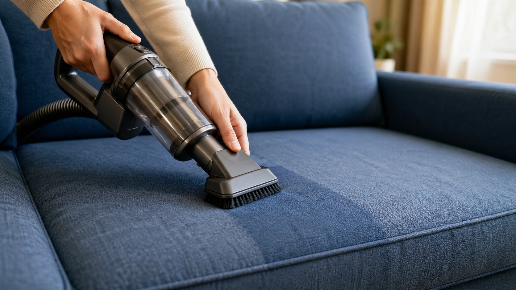 Vacuuming fabric sofa as part of weekly maintenance routine