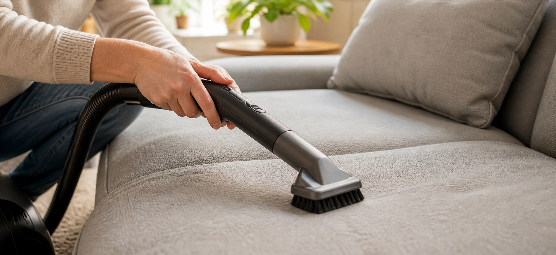 Person vacuuming microfiber sofa cushions with upholstery brush attachment