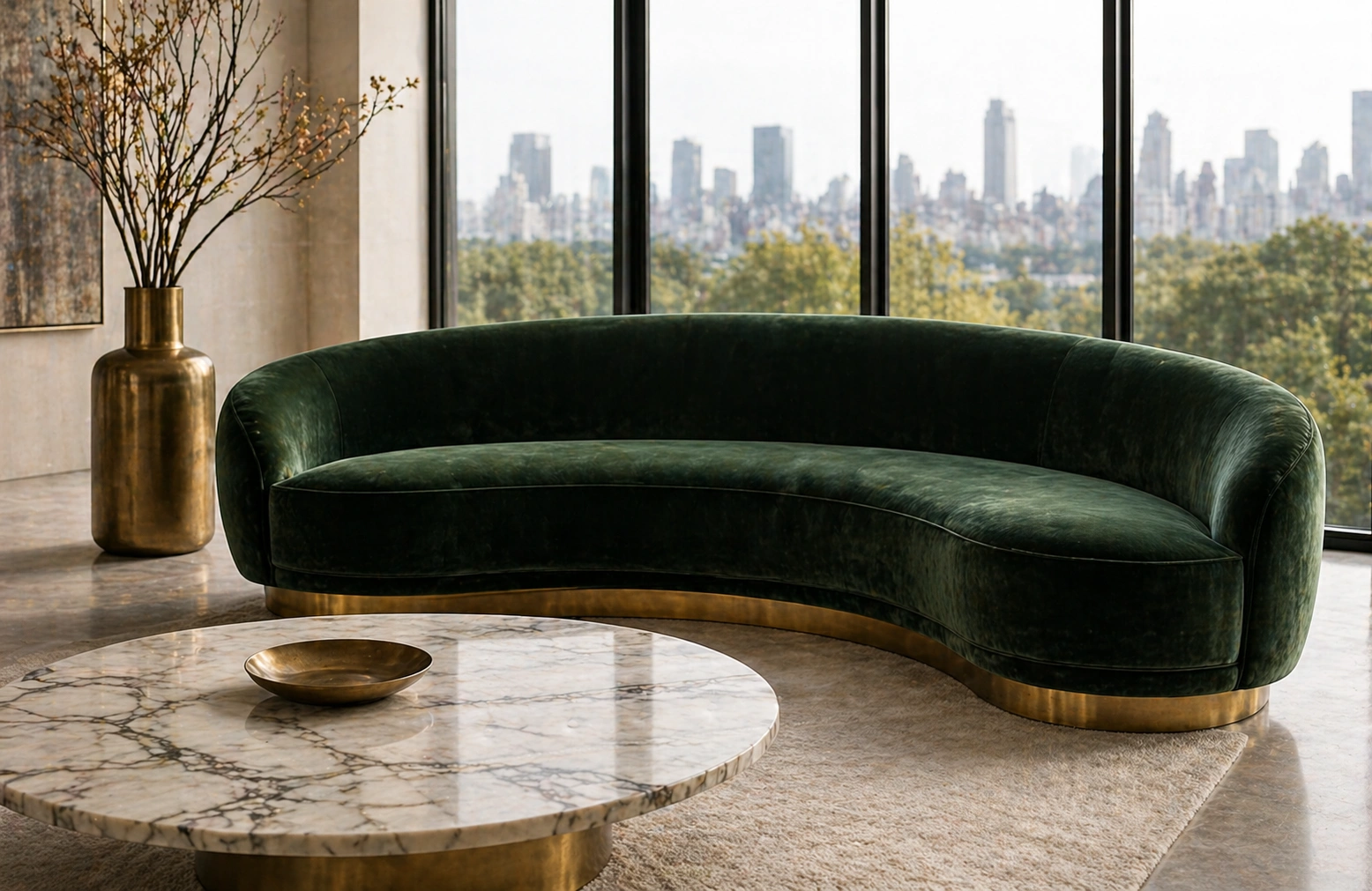 Elegant curved velvet sofa with rounded silhouette