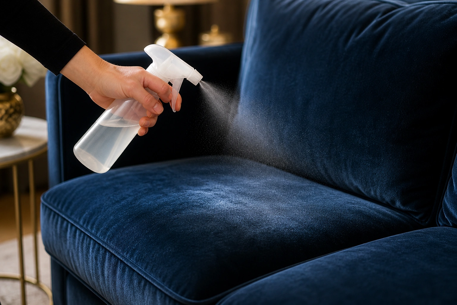 Applying protection spray to velvet sofa material