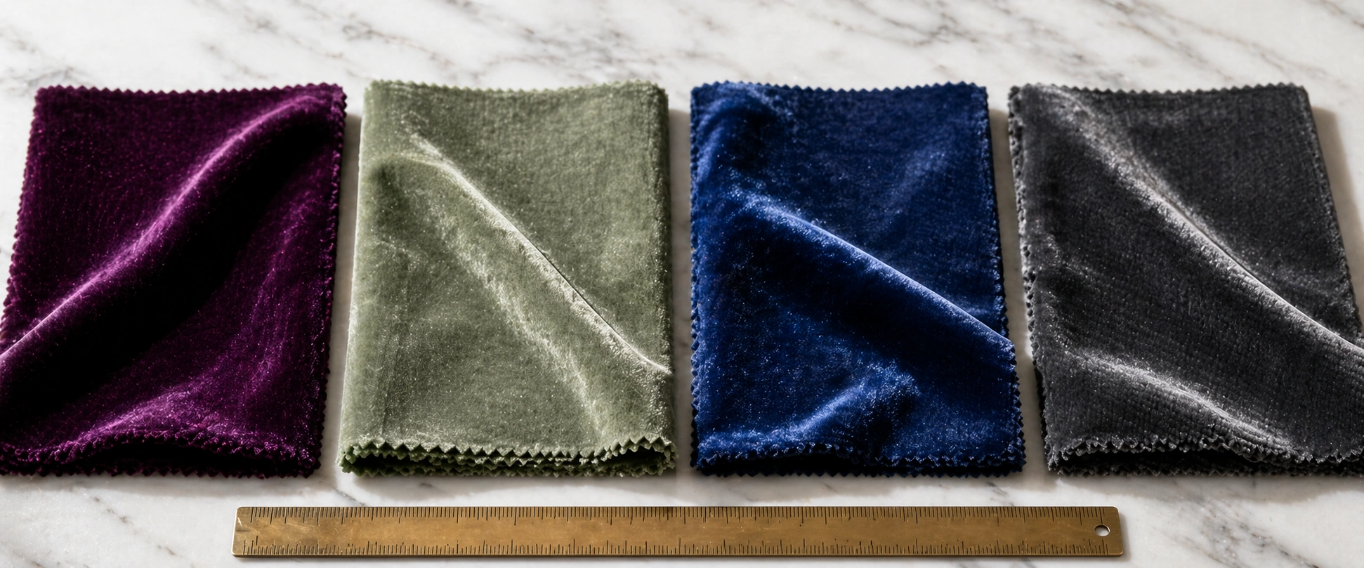 Close-up comparison of different velvet fabric types for sofas