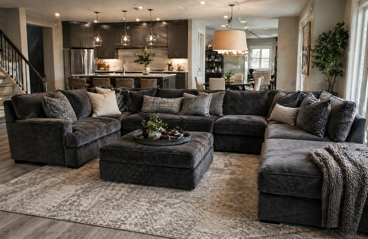 L-shaped velvet sectional sofa in a spacious living room