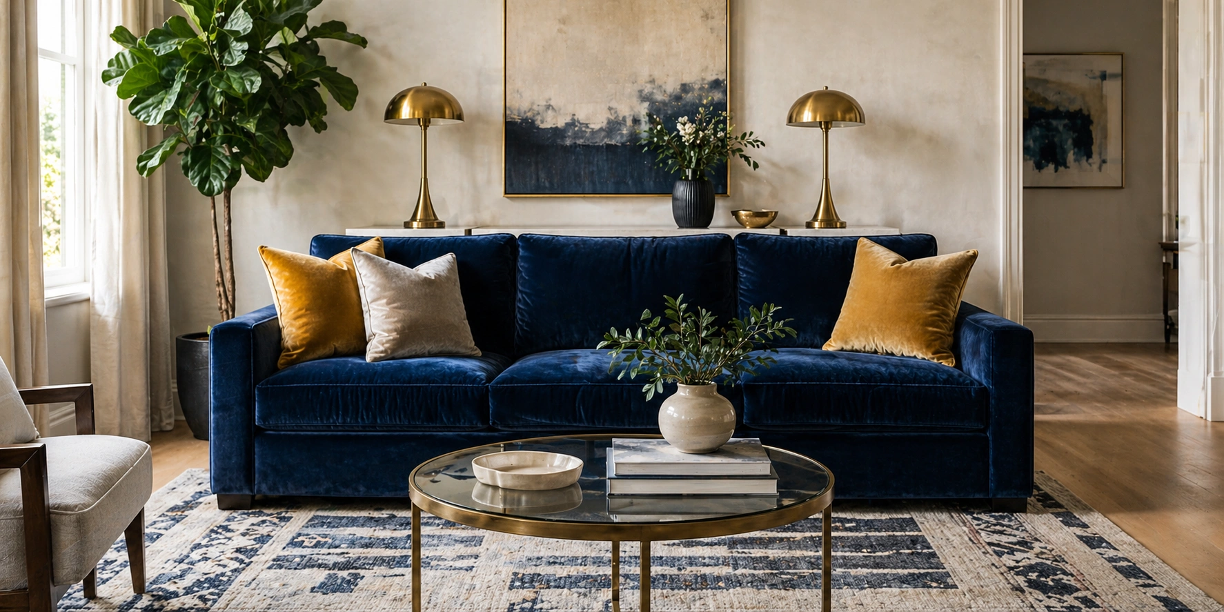 Elegant velvet sofa in a styled living room setting