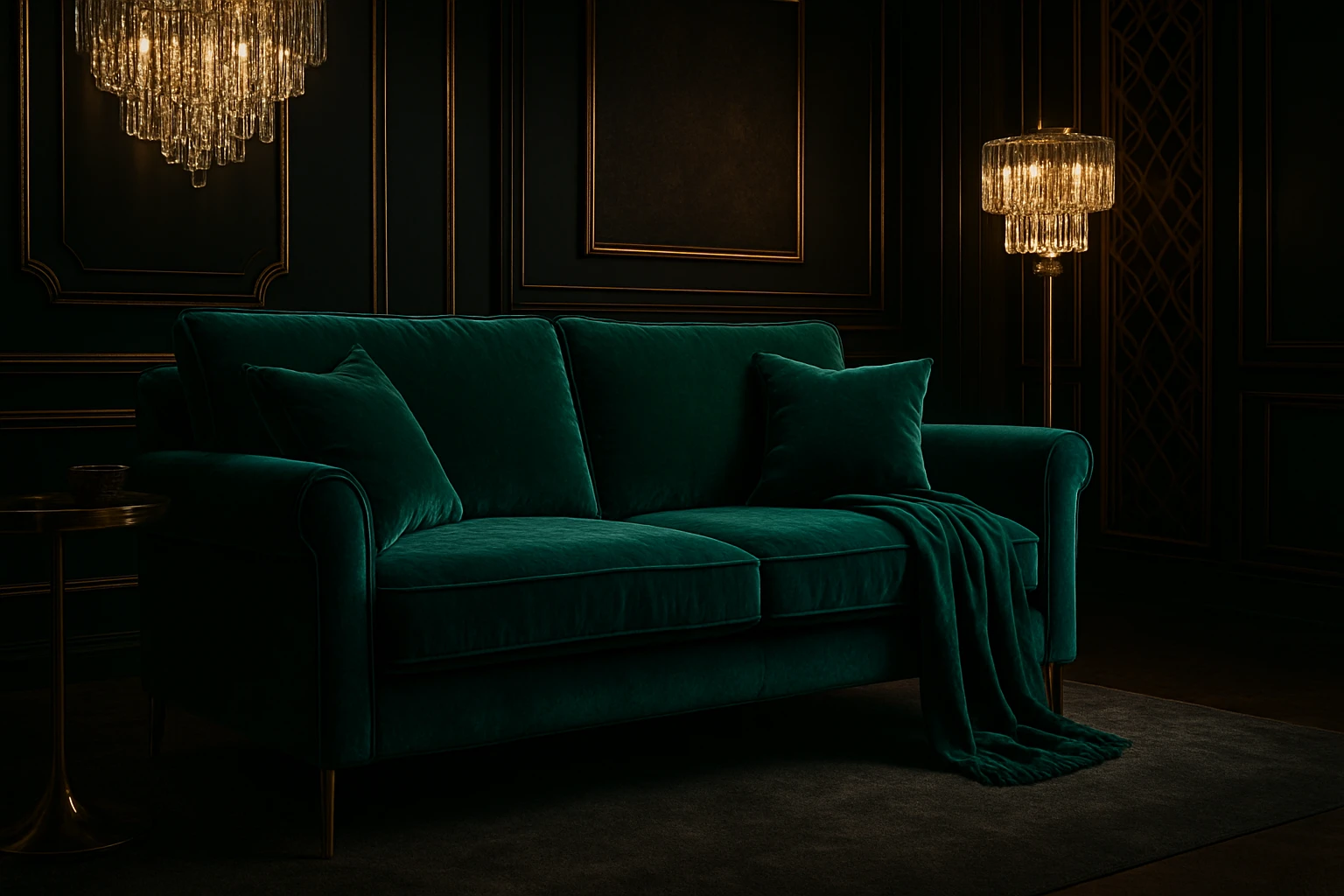 Elegant velvet sofa adding luxury to living room