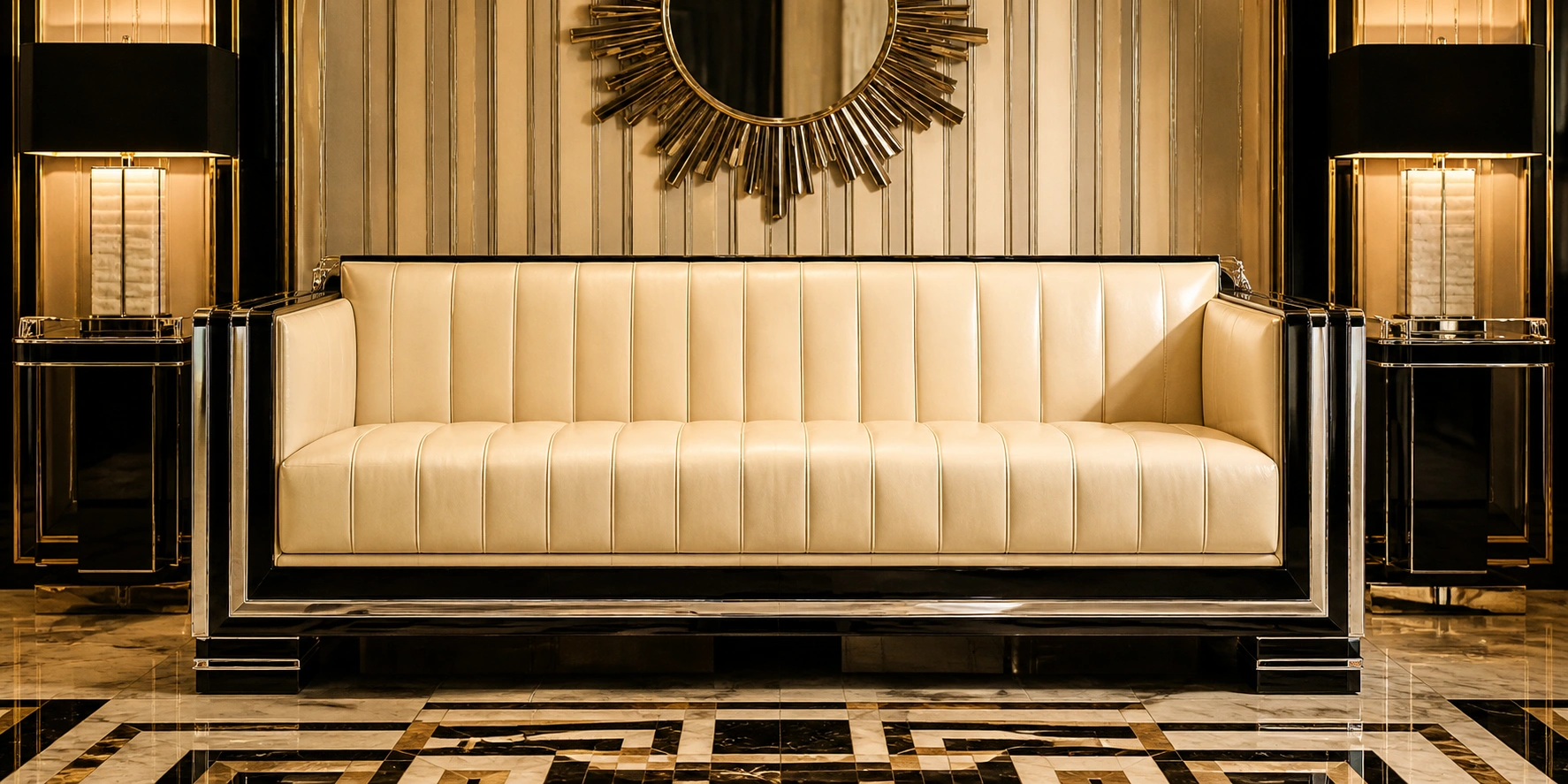 Art Deco vintage sofa with geometric patterns and streamlined shape