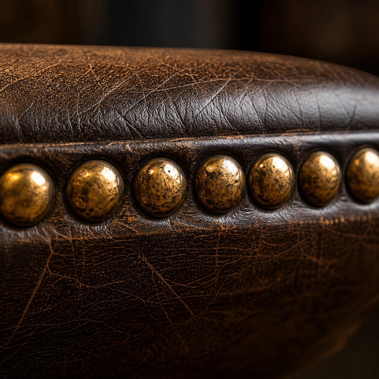 Decorative brass nailhead trim on vintage sofa