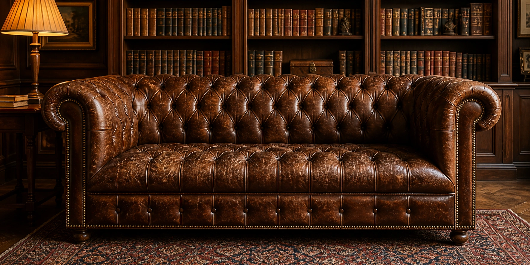 Vintage Chesterfield sofa with deep button tufting and rolled arms