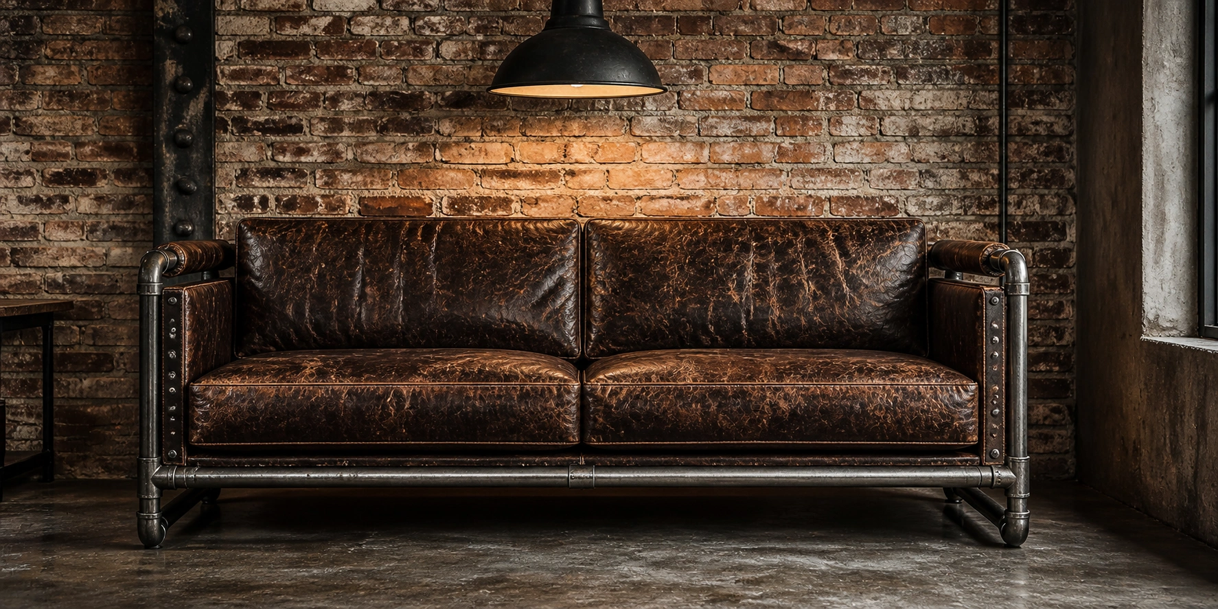 Industrial style vintage sofa with leather and metal frame