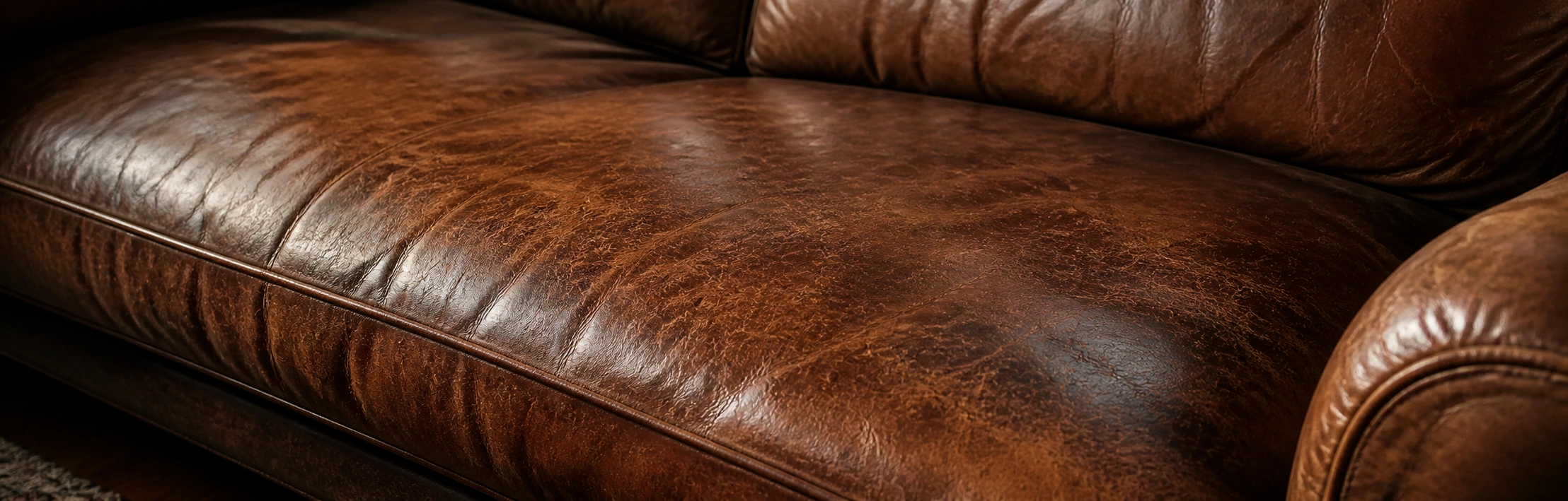 Aged full-grain leather on a vintage sofa showing natural patina