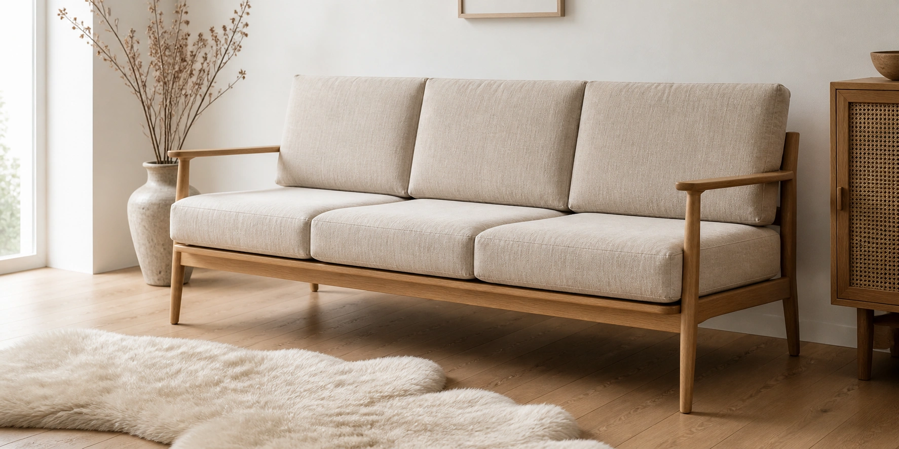 Vintage Scandinavian sofa with light wood frame and neutral fabric