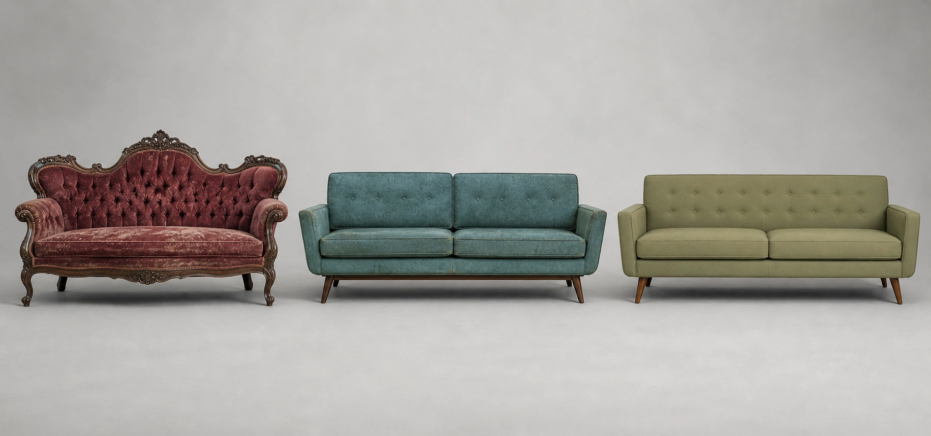 Side-by-side comparison of antique, vintage, and retro style sofas