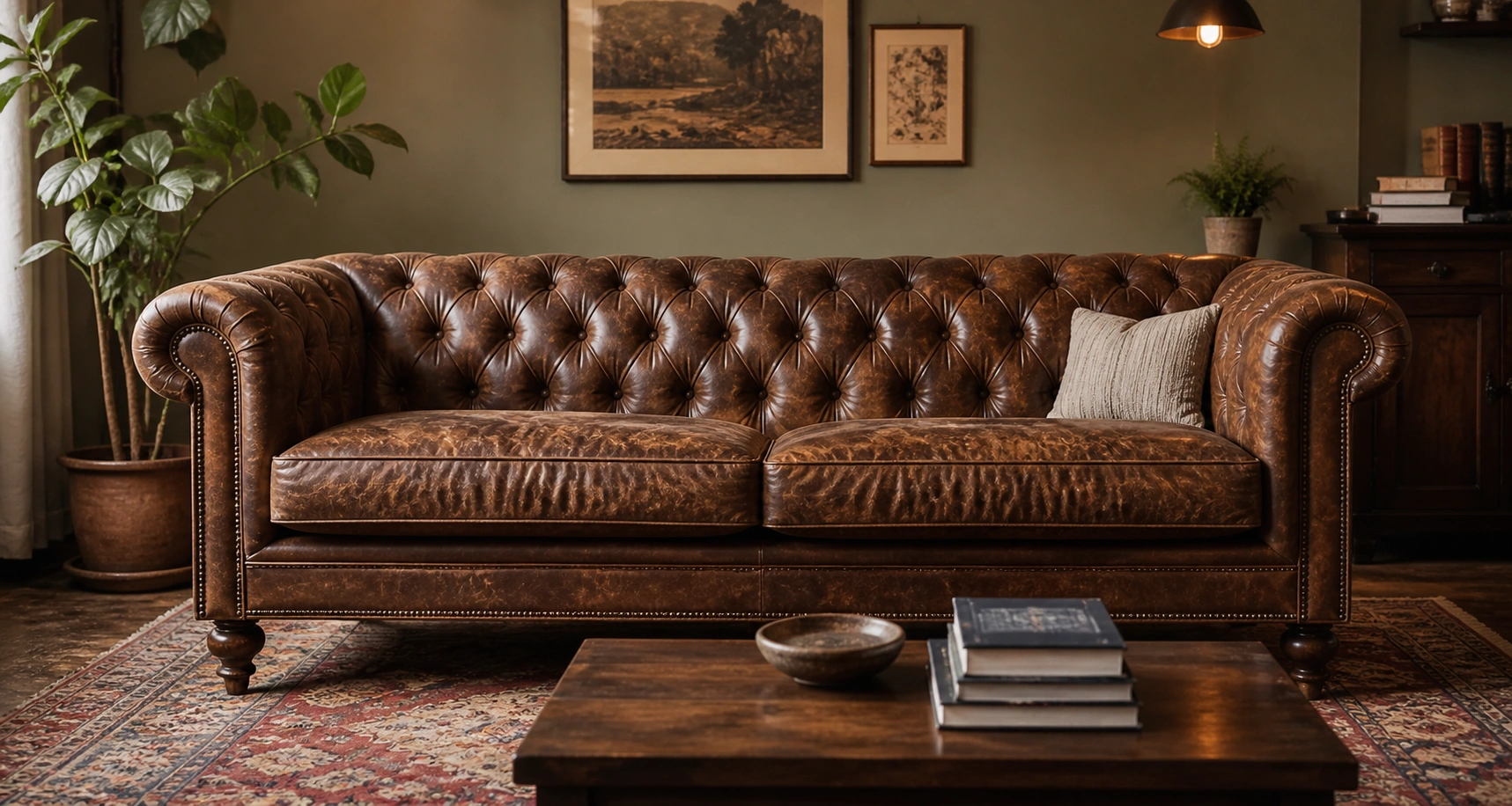 Vintage leather sofa in a styled living room setting
