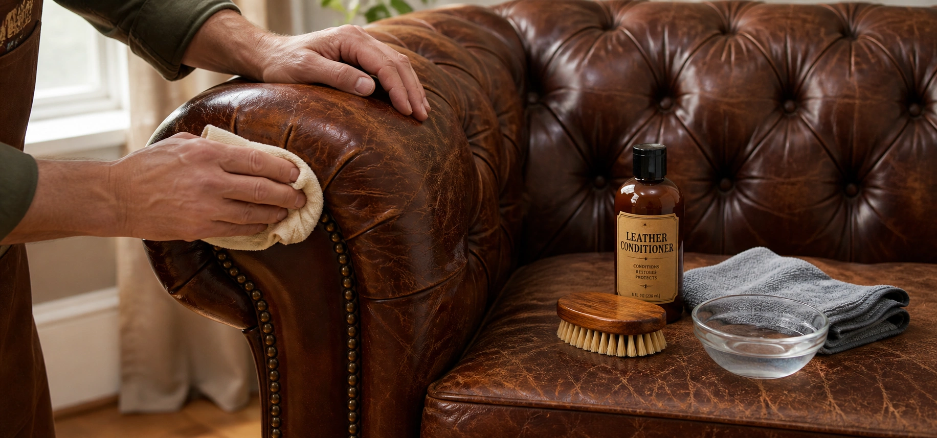 Person cleaning and conditioning a vintage leather sofa