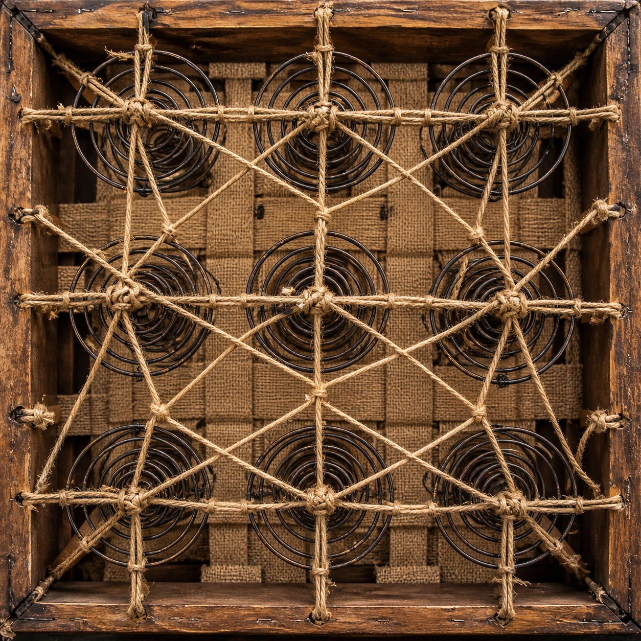 Hand-tied coil springs inside vintage sofa frame
