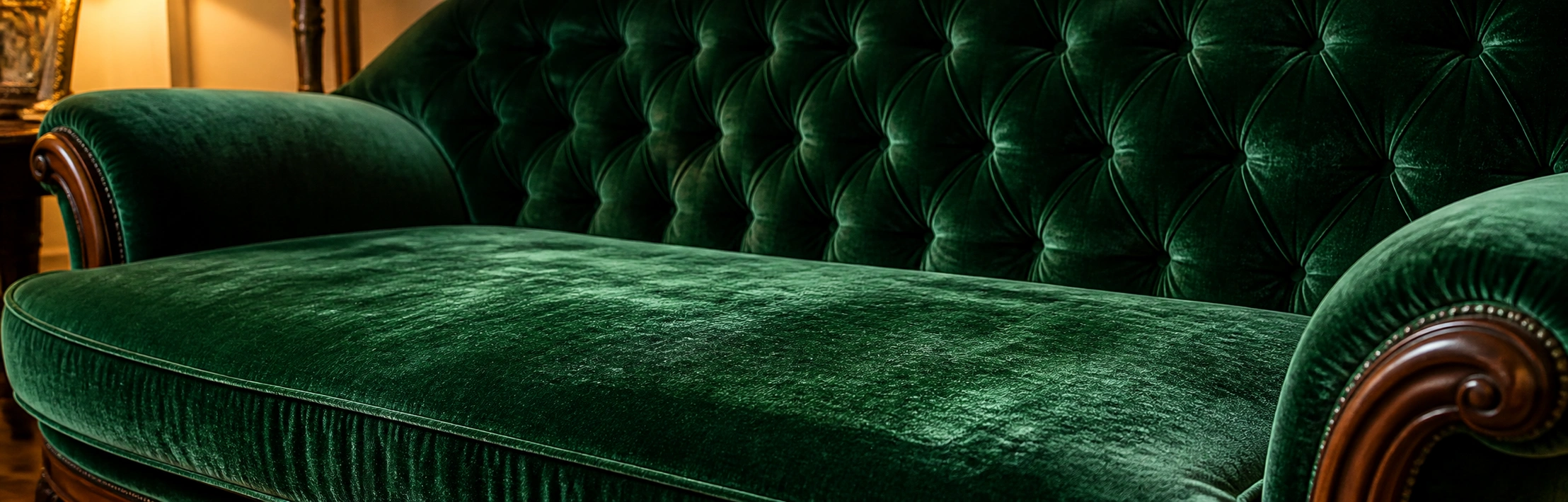 Rich velvet upholstery on a vintage sofa in deep jewel tone