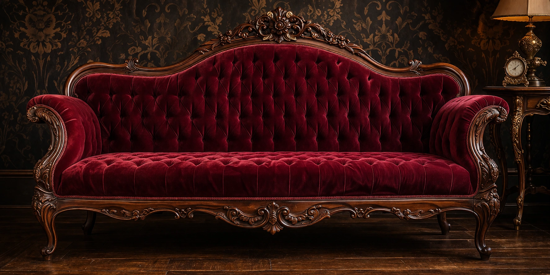 Victorian era vintage sofa with ornate carved wood frame