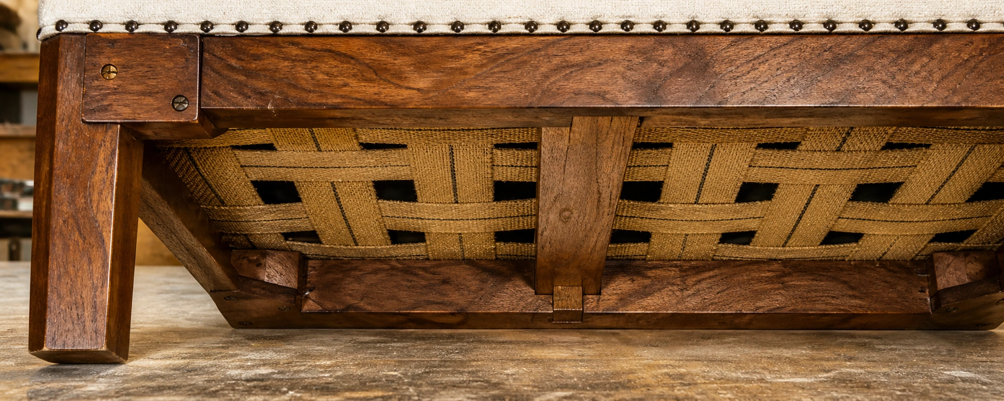 Solid hardwood frame joinery on a vintage sofa