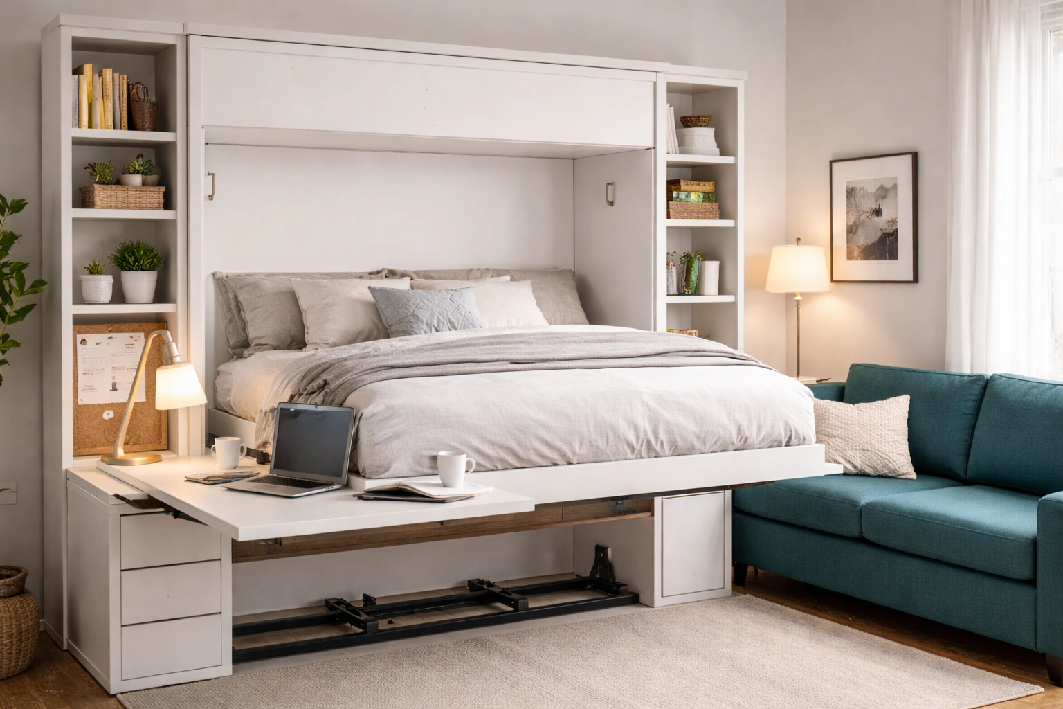 Sofa wallbed with integrated desk that stays level when bed is lowered
