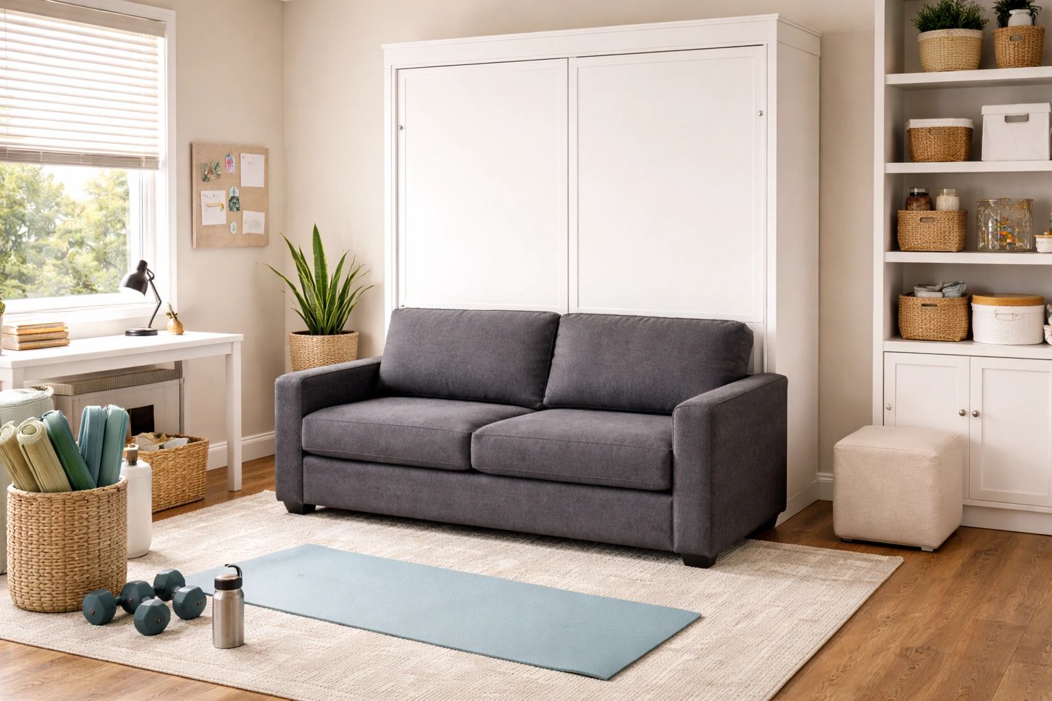 Guest room with sofa wallbed providing seating during day and bed for visitors at night