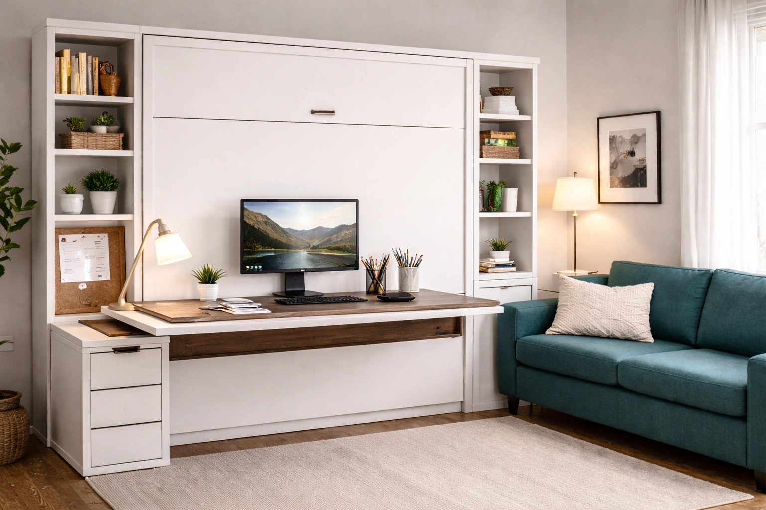 Home office with desk wallbed sofa combo for dual purpose workspace