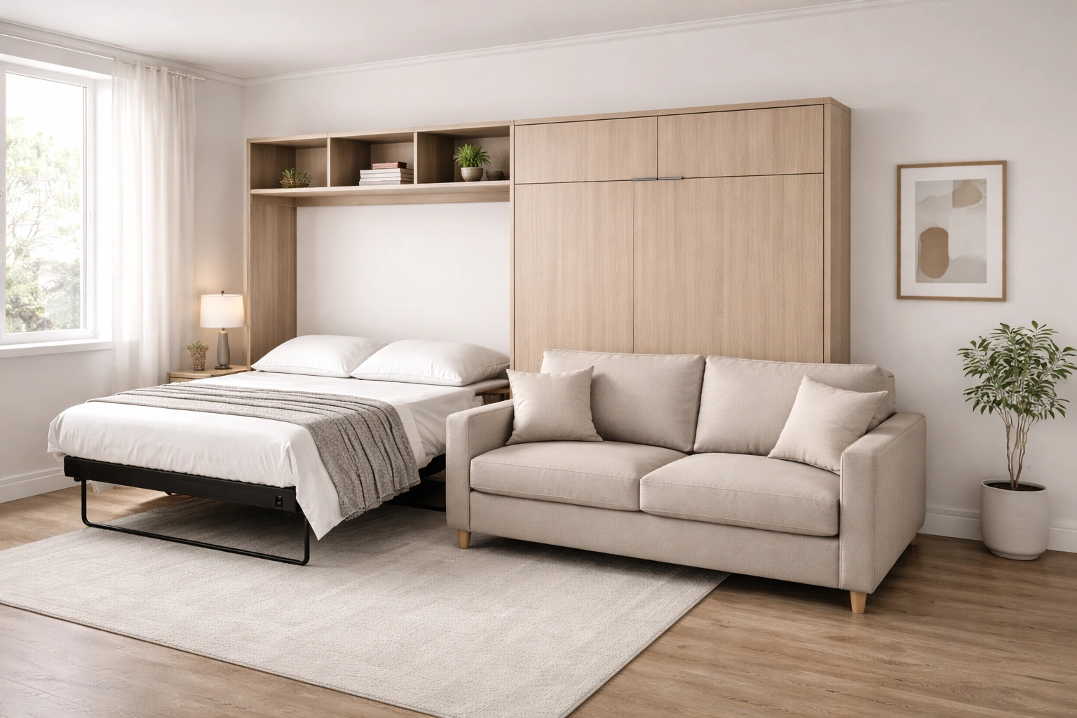 Horizontal sofa wallbed with side-opening bed mechanism for rooms with lower ceilings