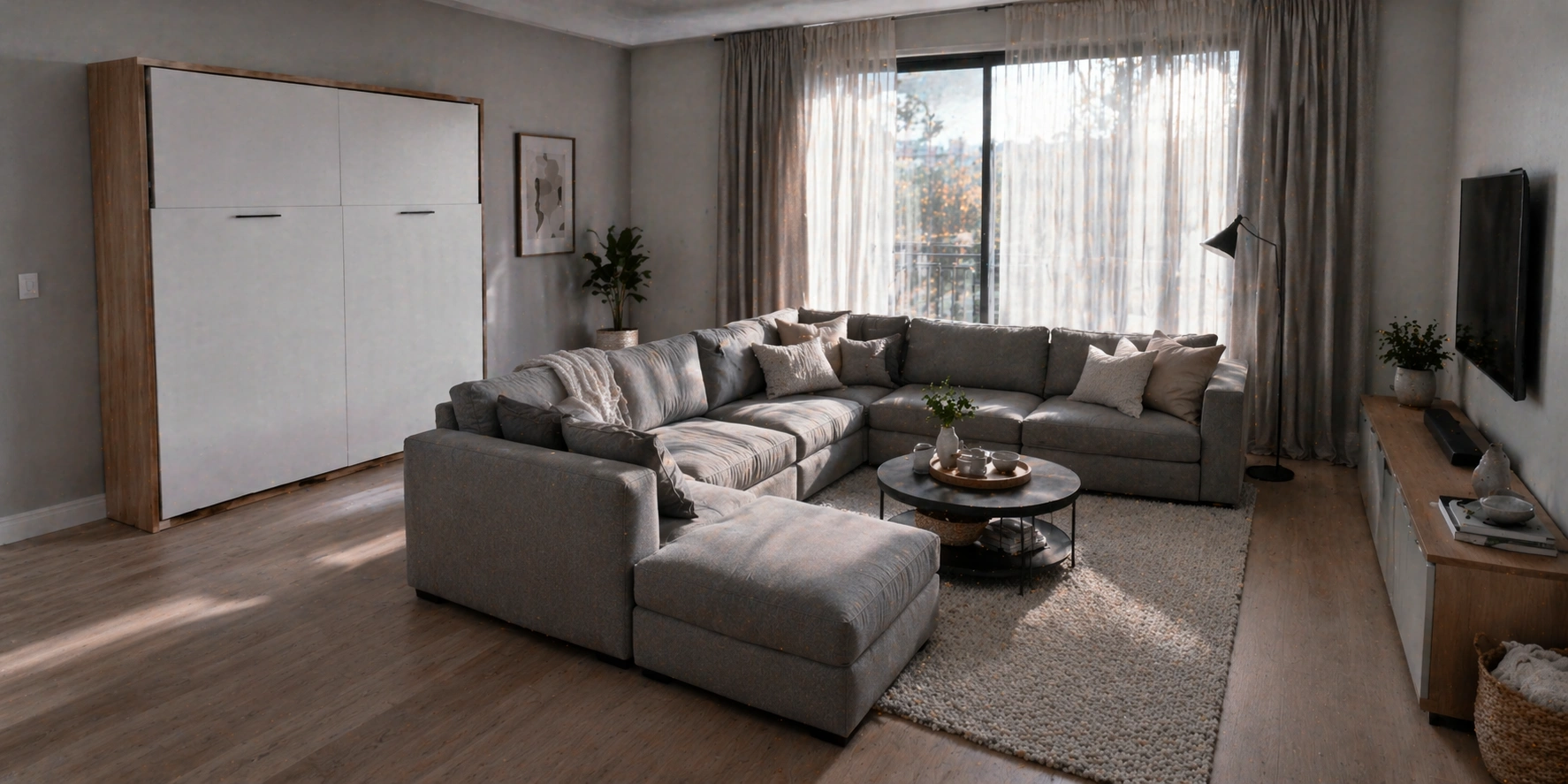 Modular sofa paired with wallbed system for flexible room configuration
