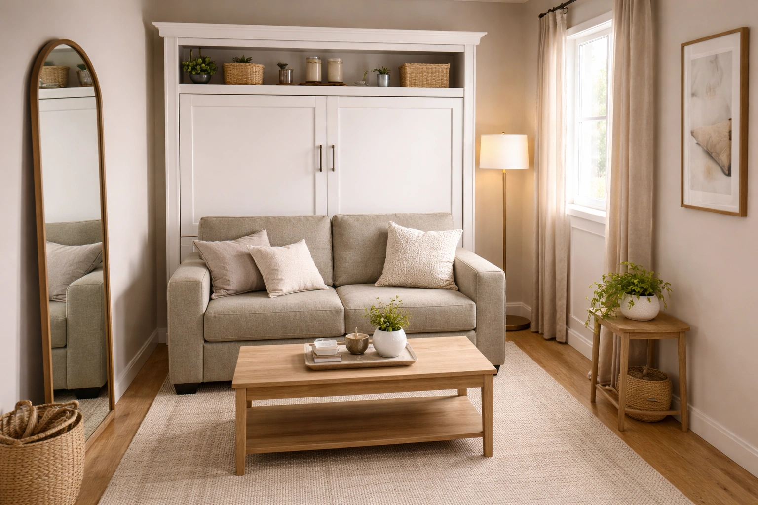Small living room with sofa wallbed maintaining open floor plan feel