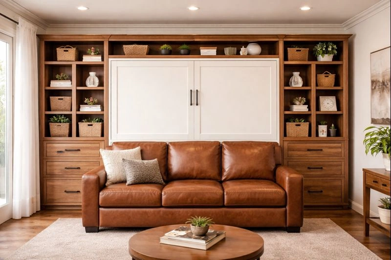 Sofa wallbed with built-in shelving and storage cabinets on sides
