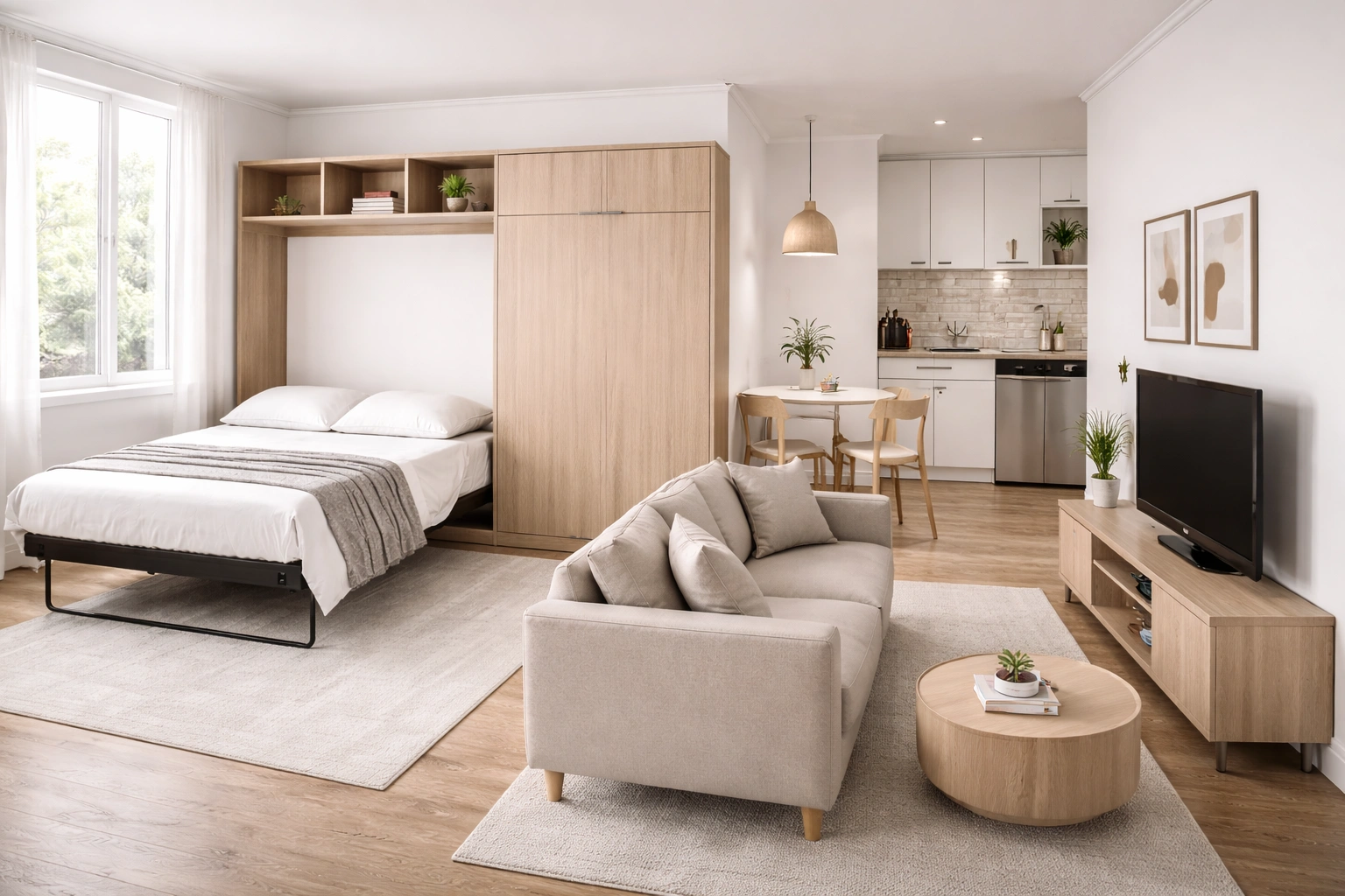 Studio apartment with sofa wallbed creating separate living and sleeping zones