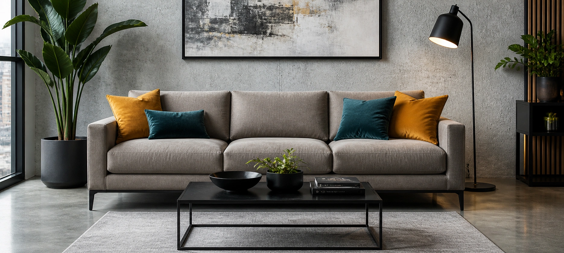 Warm gray sofa in a modern contemporary living room