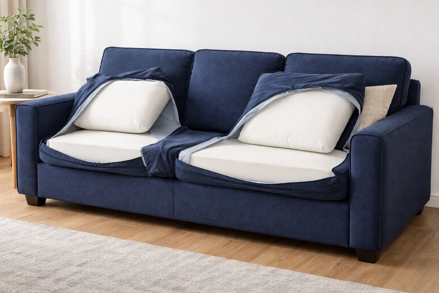 Sofa with only removable cushion covers while frame remains fixed