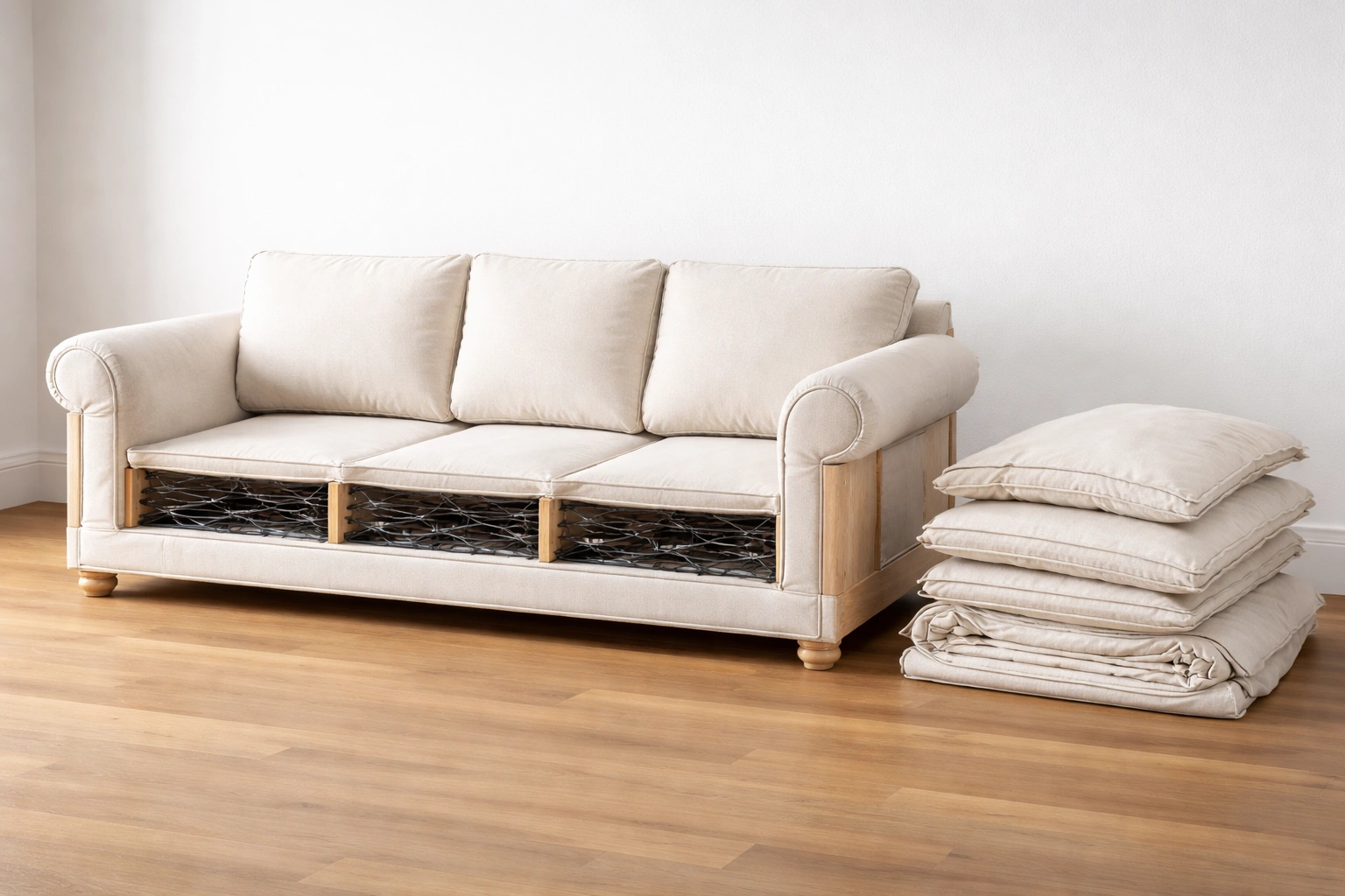 Fully removable washable sofa with all cushion and frame covers removed