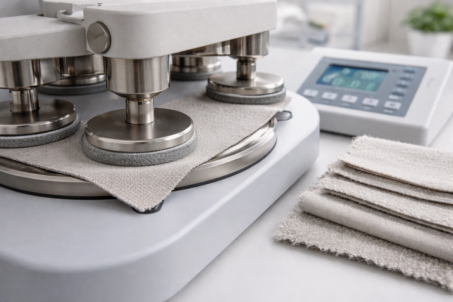 Fabric durability testing equipment measuring Martindale abrasion cycles on washable sofa fabric