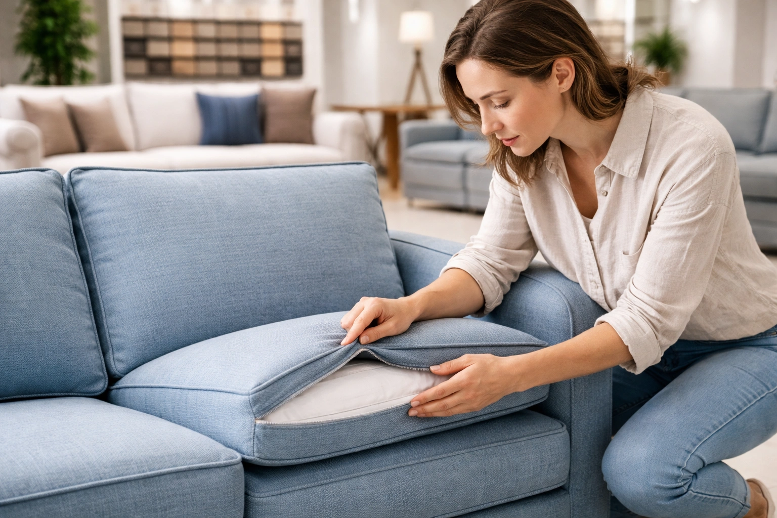 Person inspecting the quality of a washable sofa cover in a furniture showroom checking seams and zippers