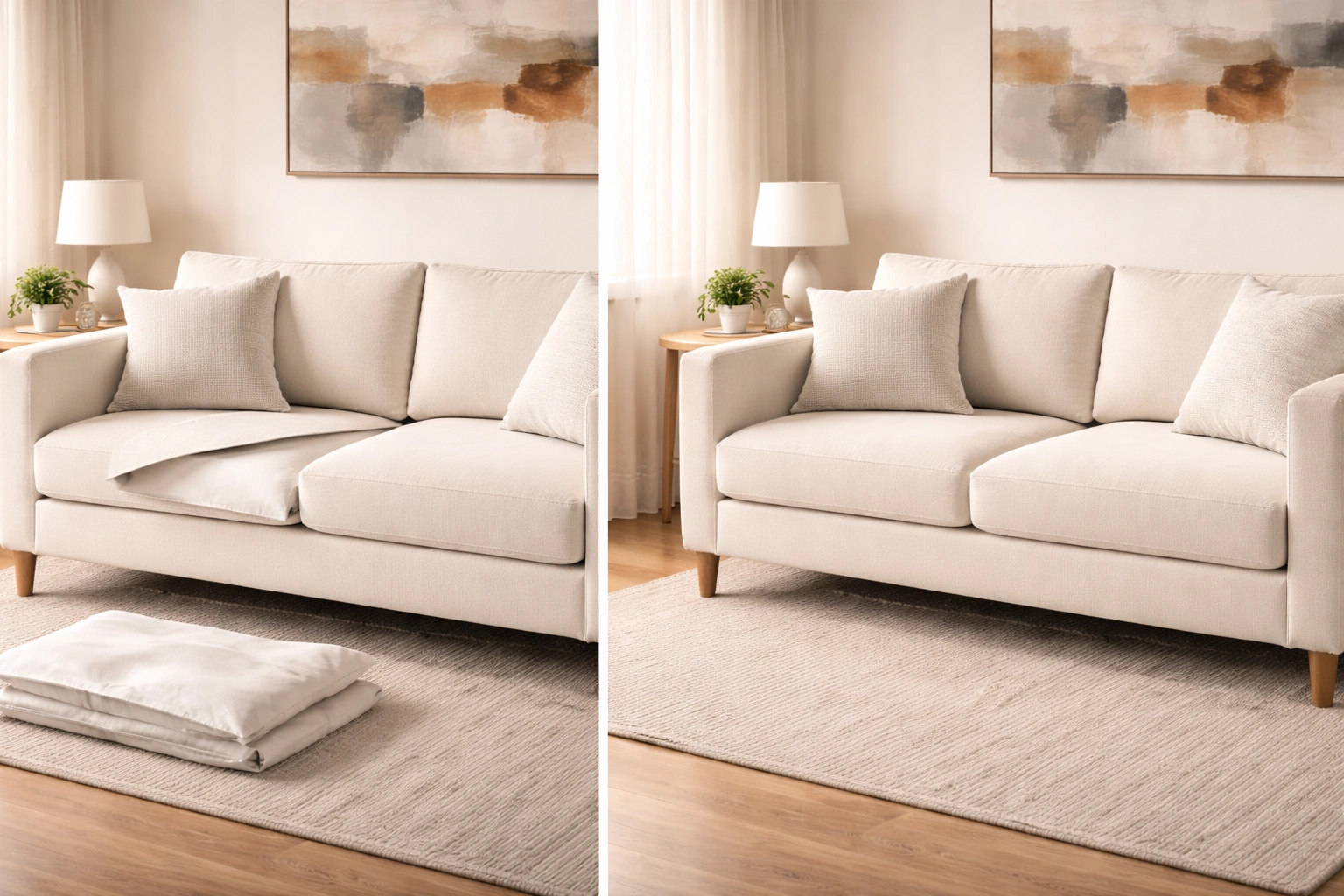 Side by side comparison of a washable sofa with removed covers next to a fixed upholstery sofa