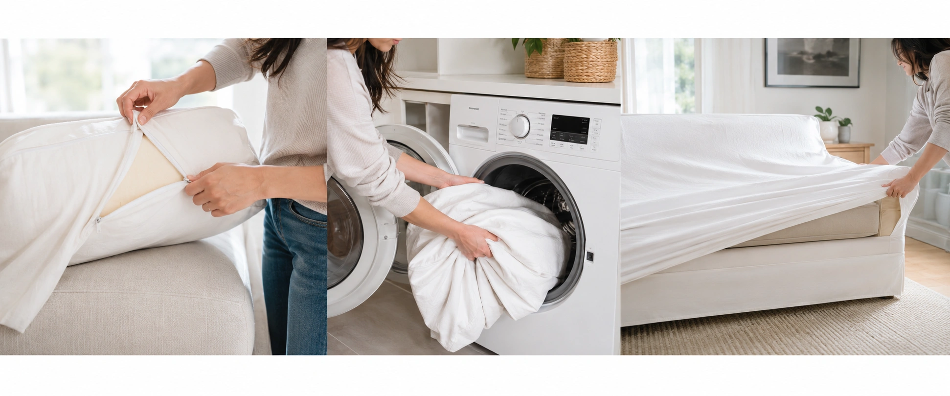 Person removing slipcover from sofa and placing in washing machine