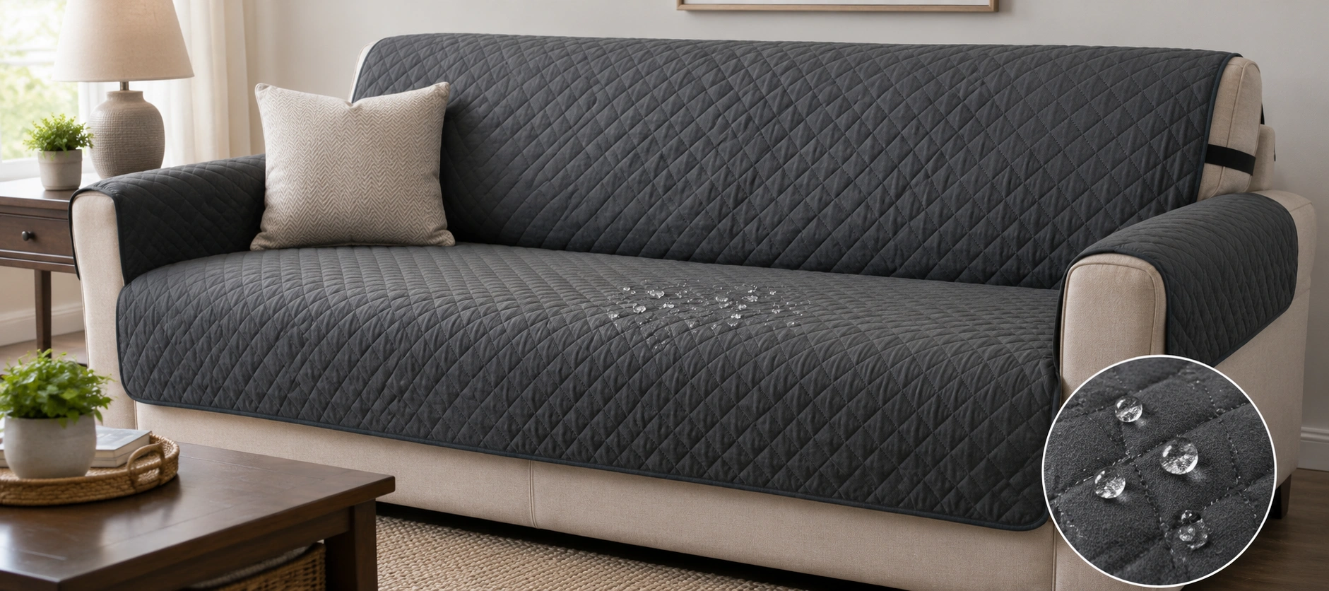 Waterproof sofa cover protector on a family room couch