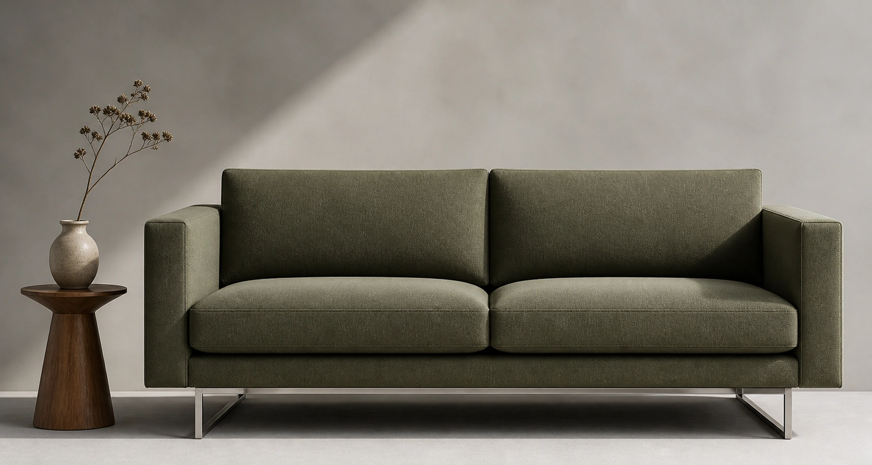 Modern sofa with clean lines and tapered legs in a minimalist living room