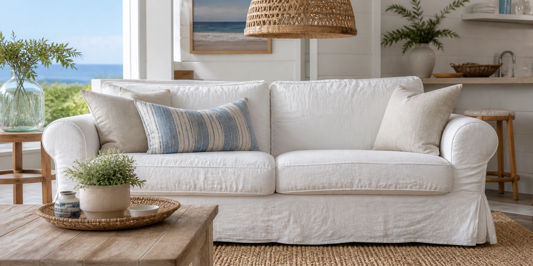 White slipcovered couch in a coastal beach-inspired living room with natural textures