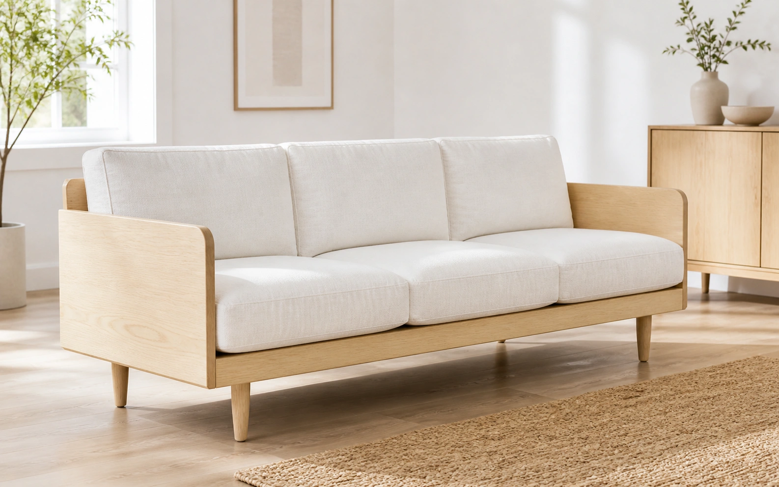 Birch wood sofa frame with pale cream finish