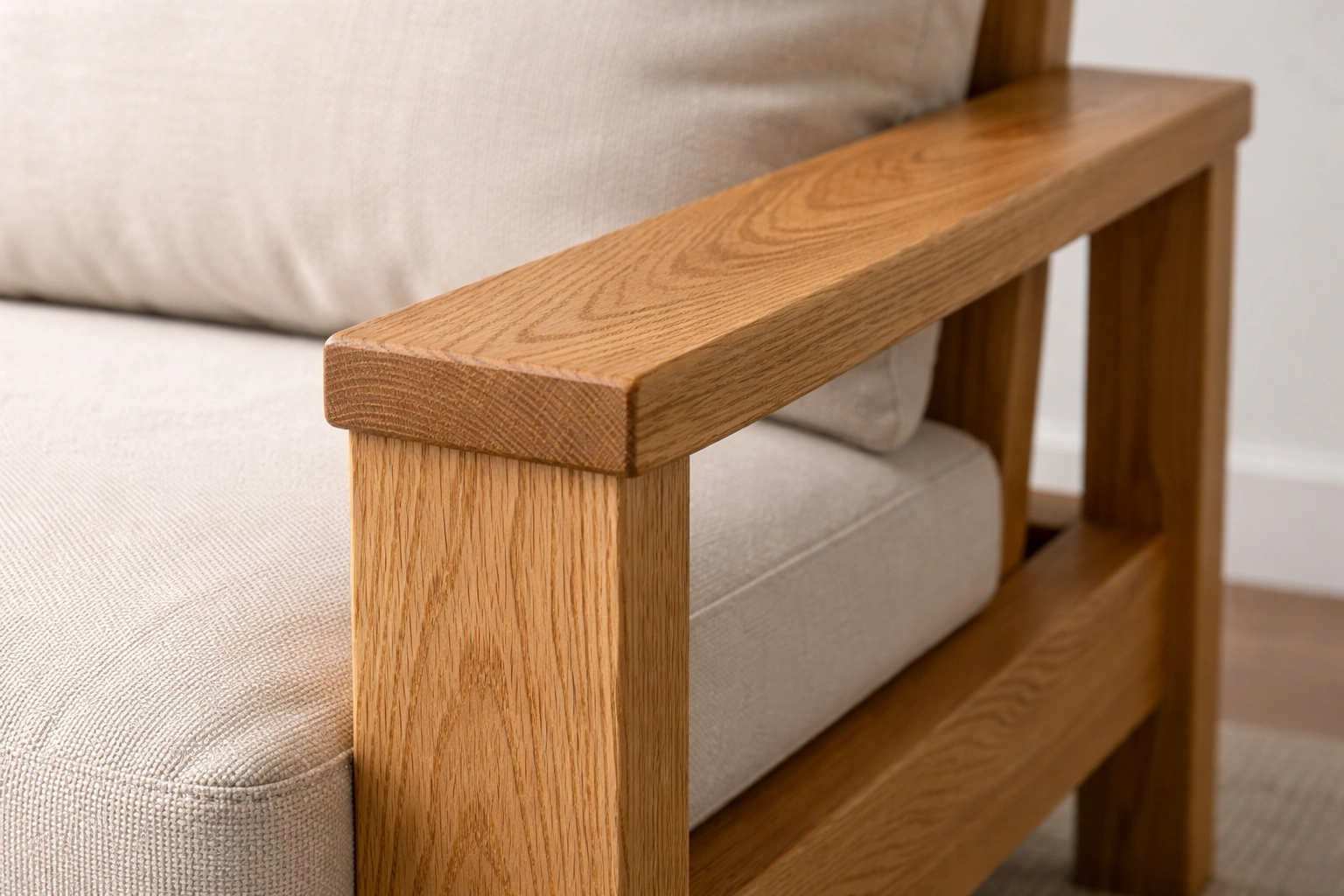 Oak wood sofa frame showing tight grain pattern