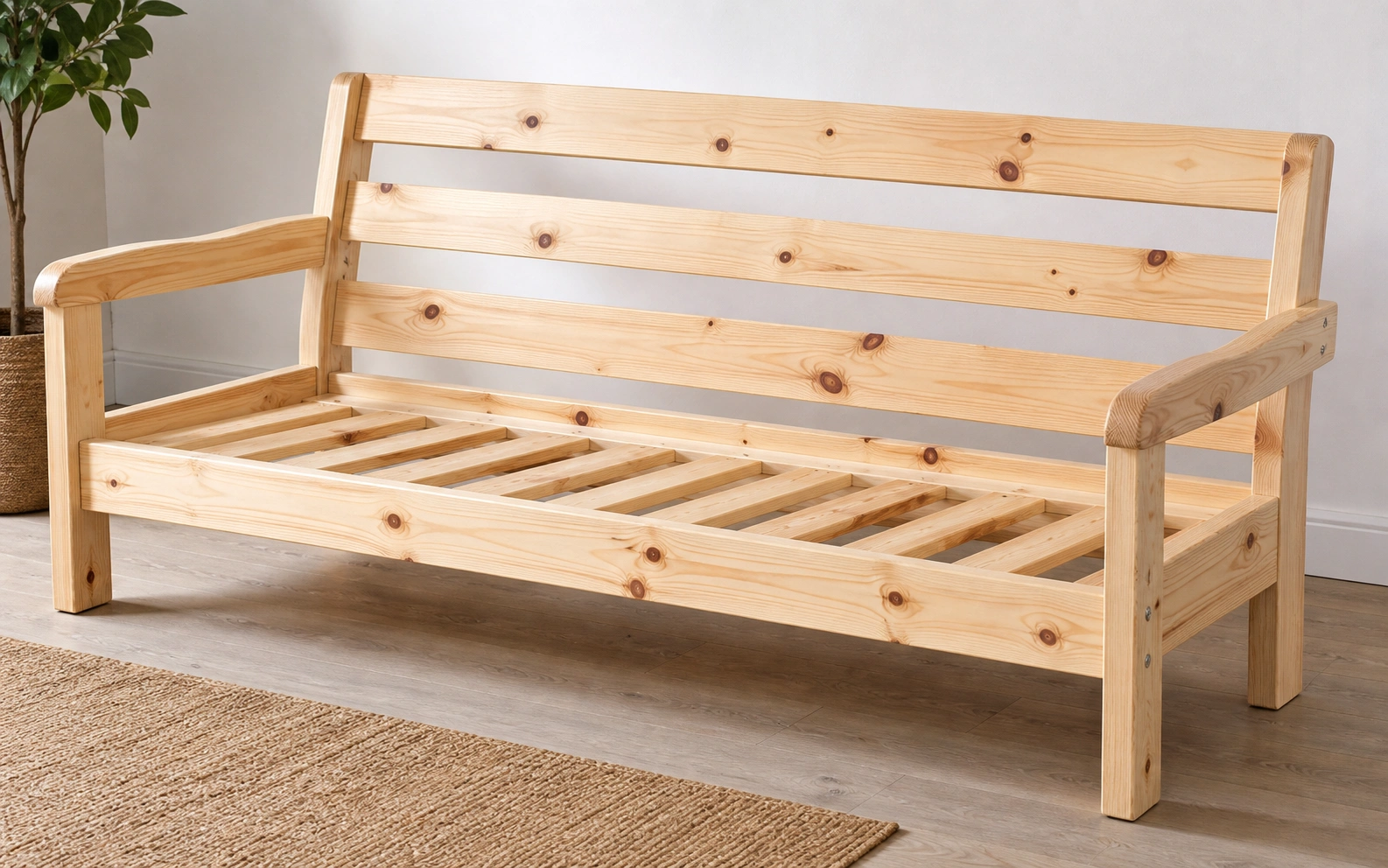 Pine wood sofa frame with visible knots and light color