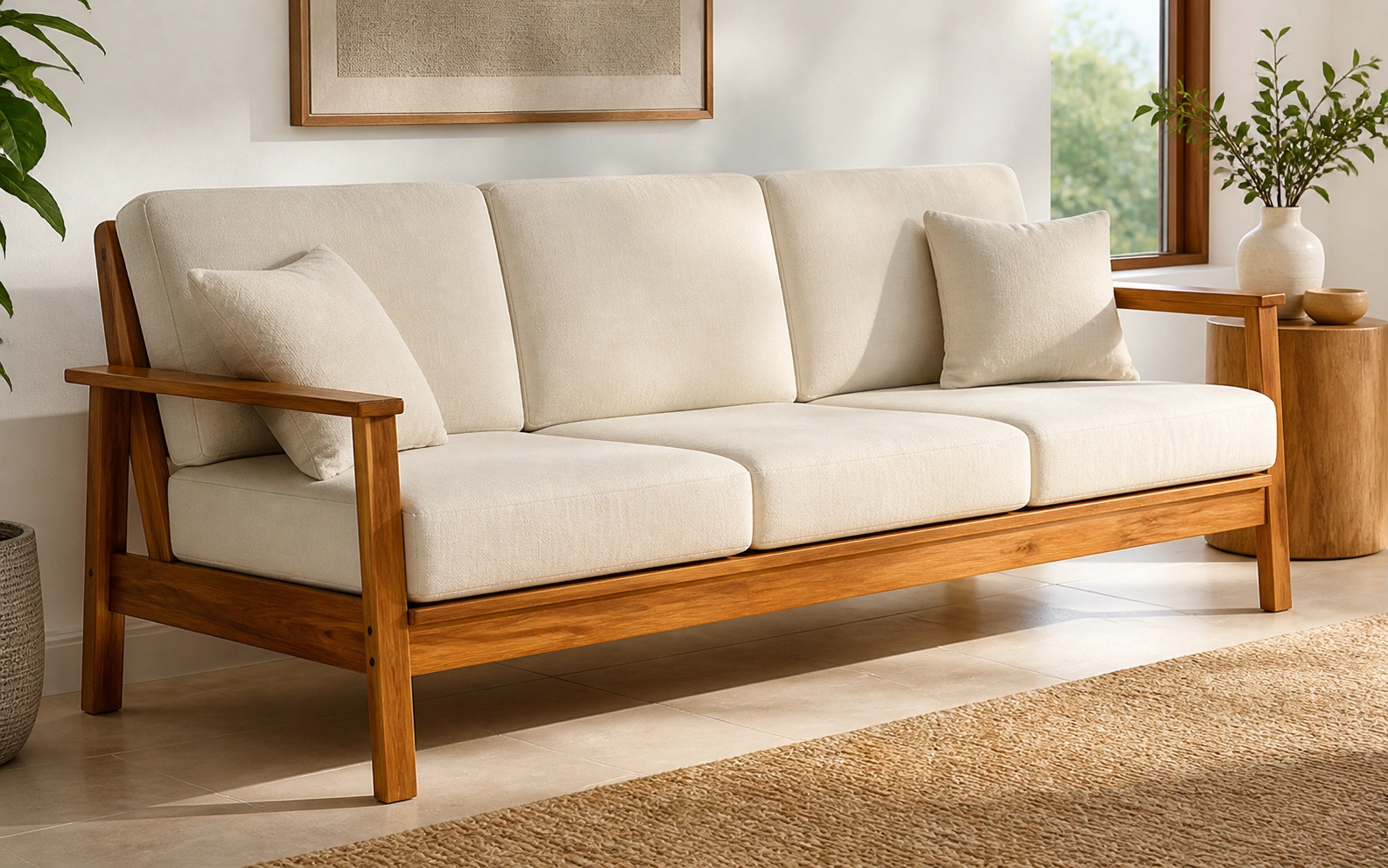 Teak wood sofa with natural golden-brown finish