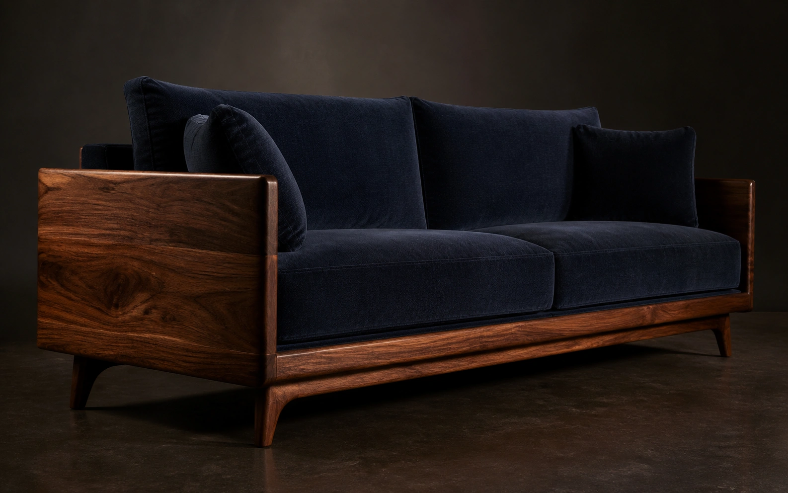 Walnut wood sofa with rich dark brown chocolate tone
