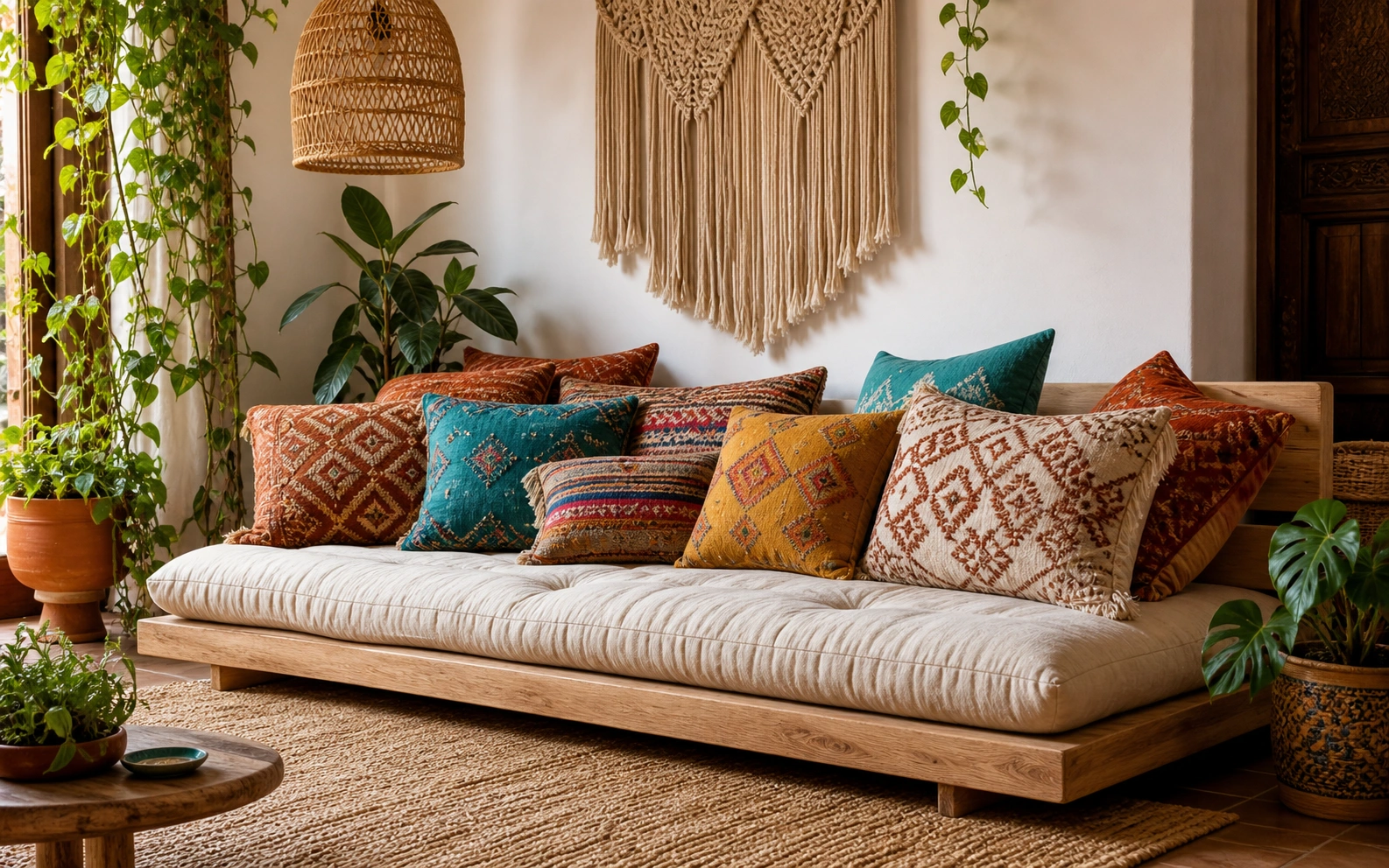 Bohemian wooden sofa with colorful cushions and natural wood base