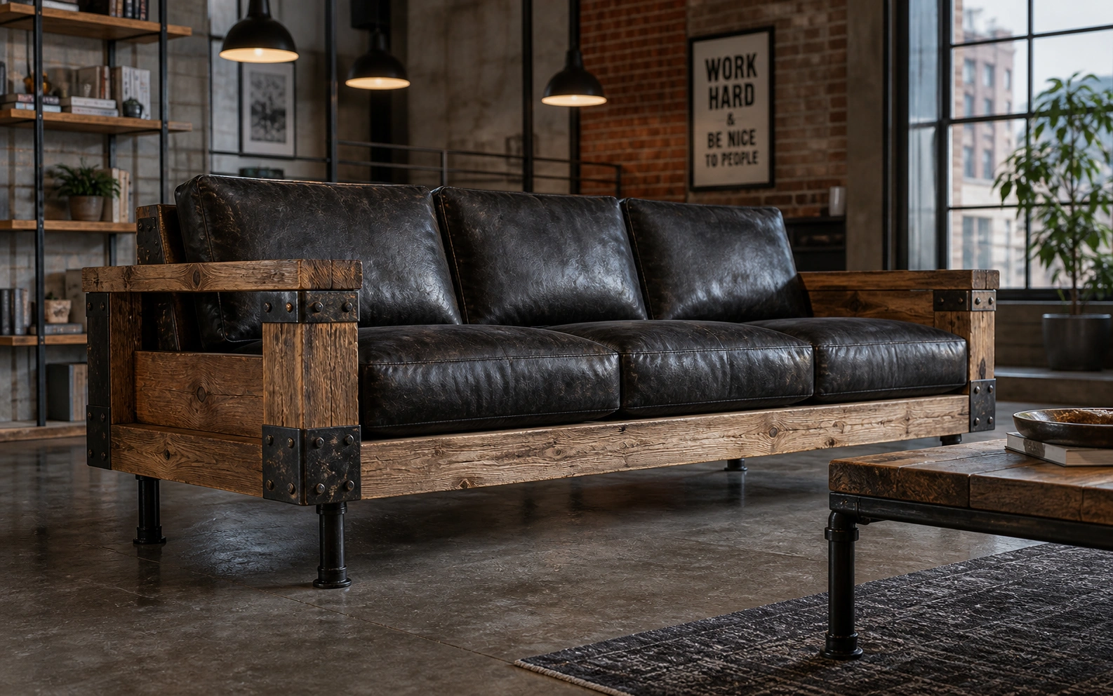 Industrial style wooden sofa with metal accents and raw wood frame