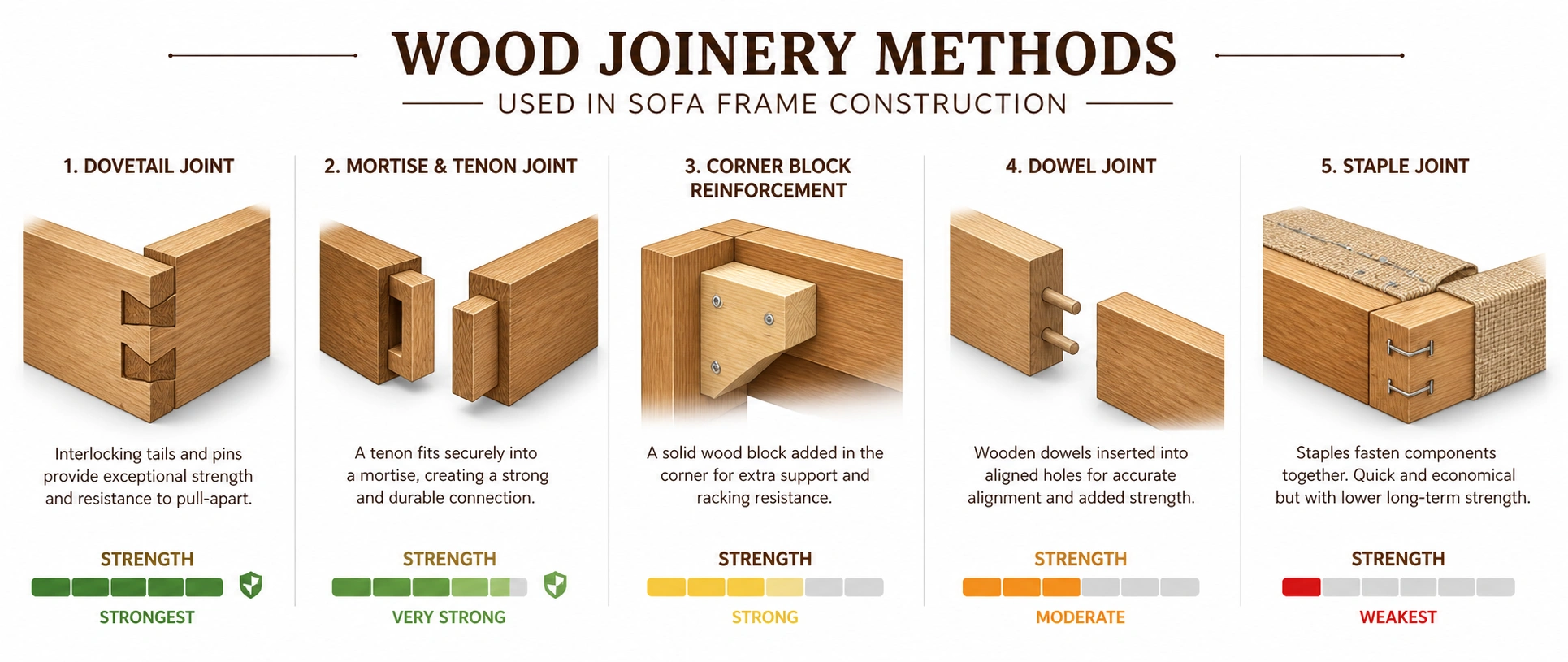 Illustration of sofa frame joinery methods including dovetail, mortise and tenon, and corner block